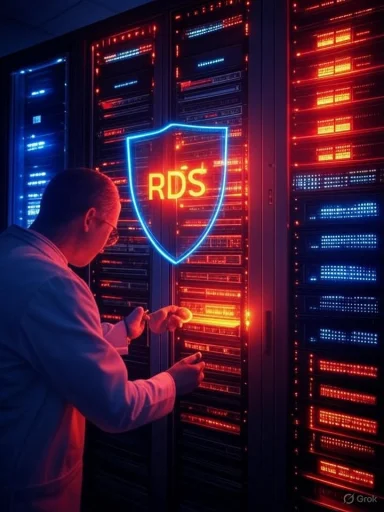 A technician works in a neon-lit data center beside racks with a glowing RDS shield.