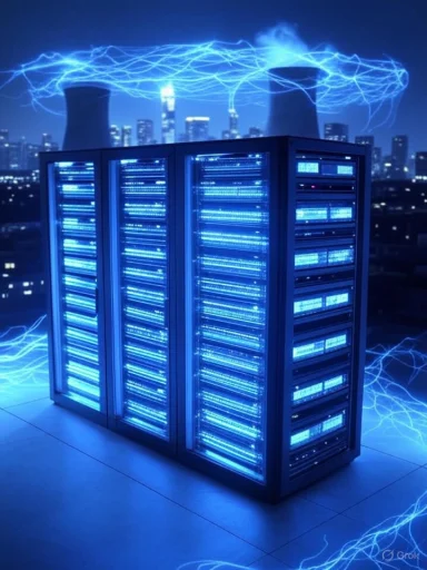 Blue-lit server racks glow beside a city skyline with electric blue lightning.