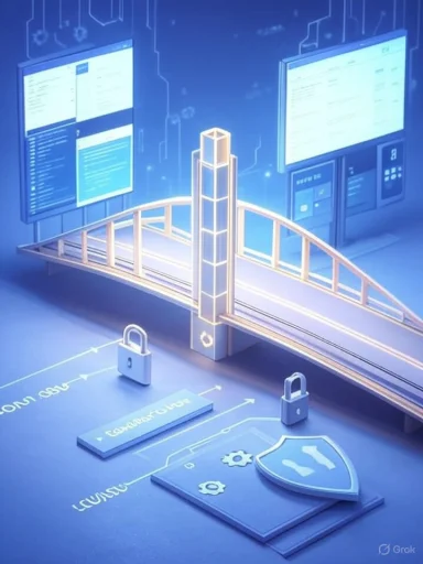 A futuristic digital bridge links screens and security icons, illustrating cybersecurity.