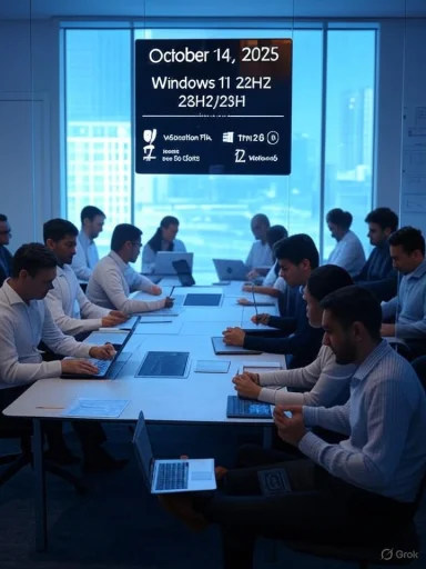 Professionals in a conference room sit around a long table with laptops, as a large screen shows October 14, 2025.