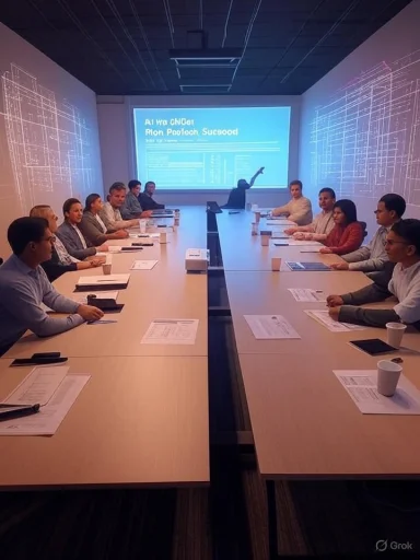 A large boardroom meeting with attendees around a long table watching a presentation on a projector. A large boardroom meeting with attendees around a long table watching a presentation on a projector.