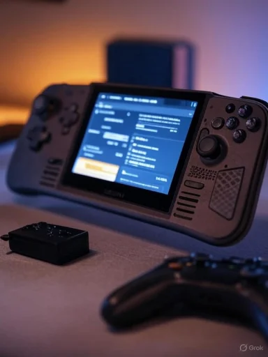 A portable handheld gaming console on a table, with a nearby gamepad.