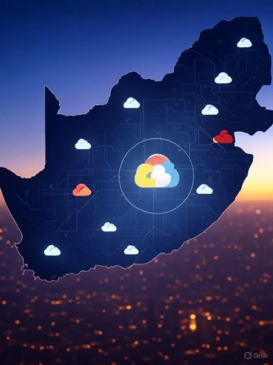 Silhouette of Africa with cloud icons and circuit lines, symbolizing cloud computing.