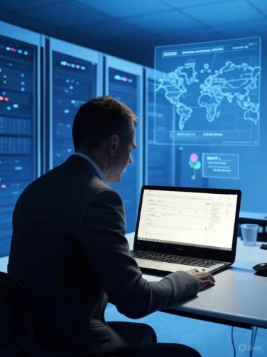 A man in a suit works on a laptop in a high-tech data center.