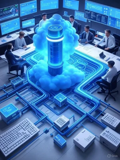 Futuristic control room with a glowing blue cloud-centered server and engineers monitoring a data network.