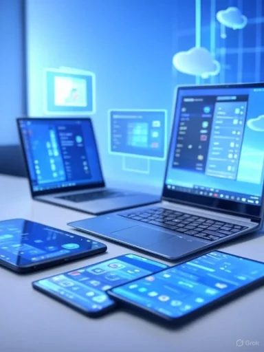 A desk with several laptops and smartphones displaying blue UI against a cloud-themed backdrop.