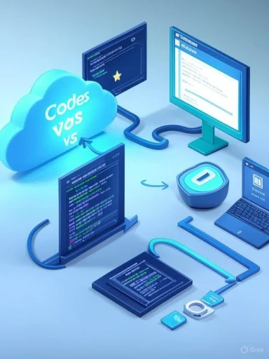 A blue cloud of code connects multiple screens and devices in a cloud computing scene.
