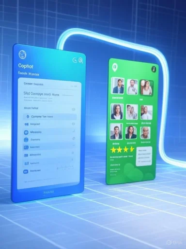 Two futuristic smartphones display app interfaces on a neon-lit grid.