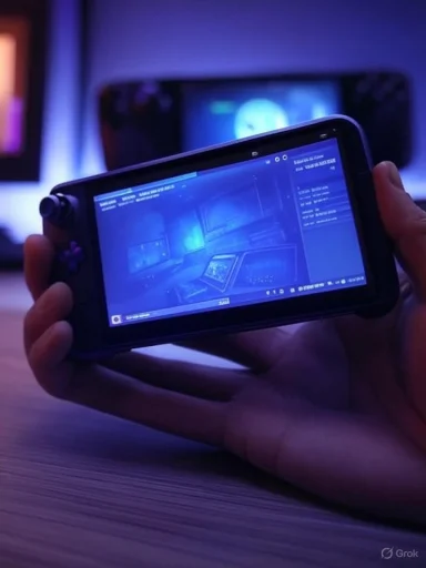 A handheld gaming console glows blue as a sci‑fi game runs, with a TV in the background.