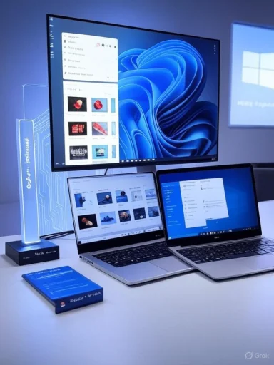 A multi-device desk setup featuring a large monitor and two laptops on a white table.