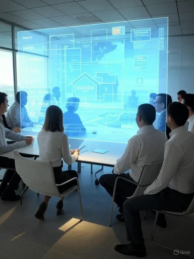 Professionals sit around a table, viewing a blue holographic display of a building plan.