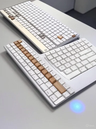 Two white keyboards with brown keycaps sit on a desk, with a blue glow nearby.