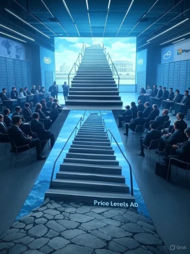 Corporate conference room with a central staircase rising to a bright screen, flanked by seated attendees.