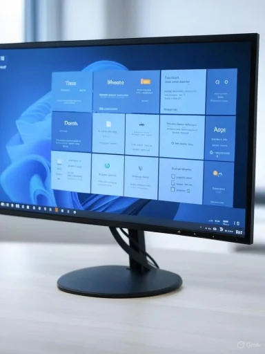 A desktop monitor on a stand displaying Windows 11 start screen tiles.