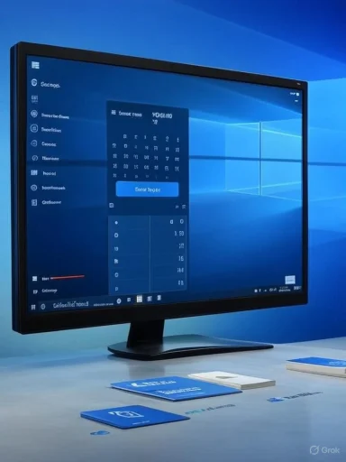 A computer monitor on a desk displays a Windows desktop with a blue background and brochures on the desk.