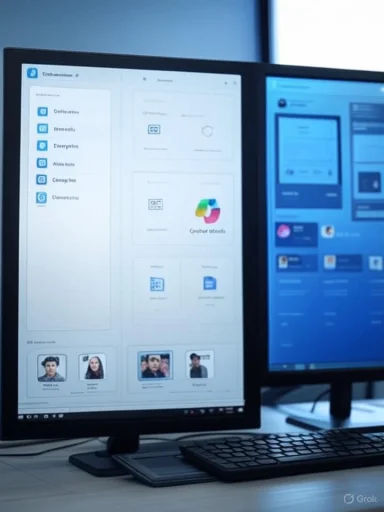 Two monitors display UI design layouts, left in a light theme and right in blue.