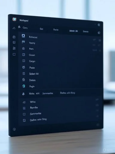A dark-mode Notepad window on a tilted monitor showing a list of items.