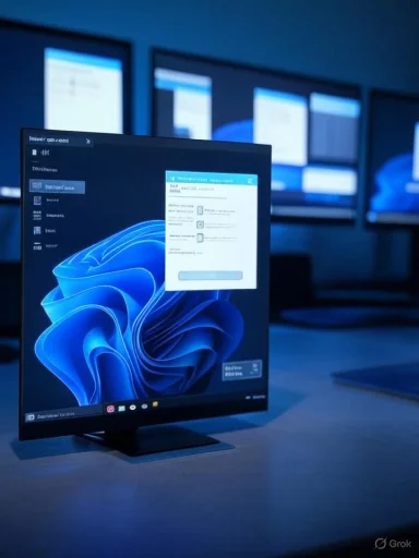 A Windows 11 monitor on a desk displays a blue abstract wallpaper with a pop-up dialog.