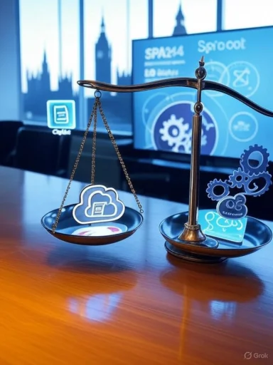 A balance scale contrasts cloud computing icons with mechanical gears.