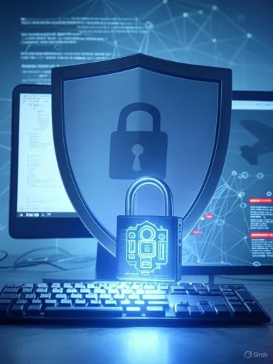 Digital security: shield and padlock guarding a keyboard.