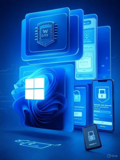 A neon blue 3D collage featuring Windows logo and stacked app screens.
