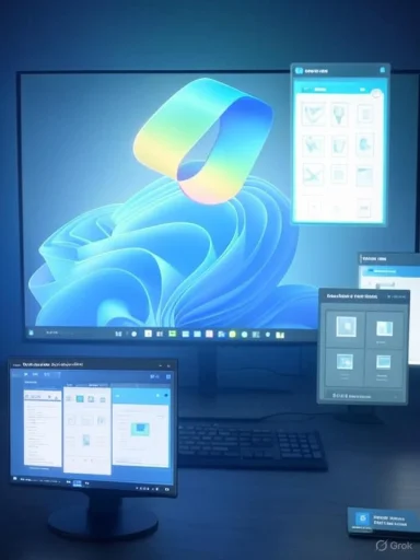 A large monitor on a desk shows a blue abstract wallpaper with several floating UI panels.