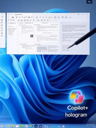 Windows desktop with a blue abstract wallpaper and a floating document editor window using a stylus.