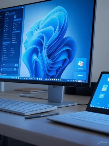 Modern desk setup with a large monitor, wireless keyboard, and a tablet.