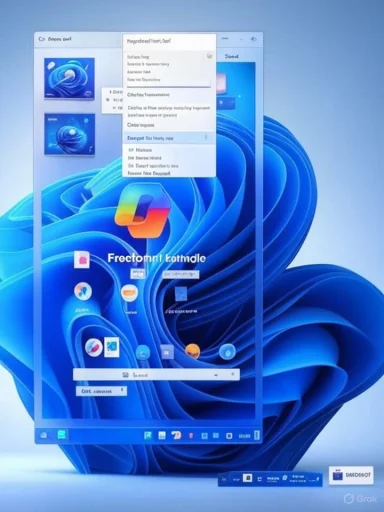 Windows 11 desktop on a blue swirling wallpaper with a floating menu window. Windows 11 desktop on a blue swirling wallpaper with a floating menu window.