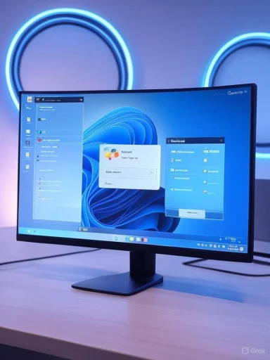 A curved monitor on a desk shows a Windows desktop, with blue neon rings in the background.