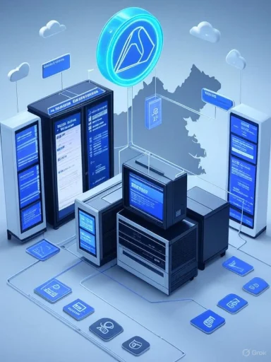 A futuristic data center with glowing blue screens and a floating circular logo. A futuristic data center with glowing blue screens and a floating circular logo.