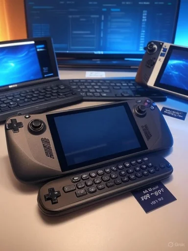 Desk setup with multiple handheld gaming consoles and a laptop, set against a large monitor.