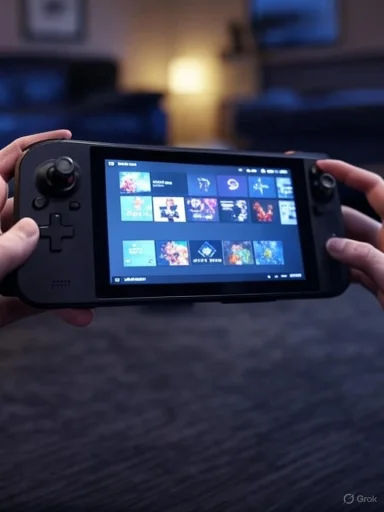 A person holds a handheld gaming console displaying a game library on its screen.