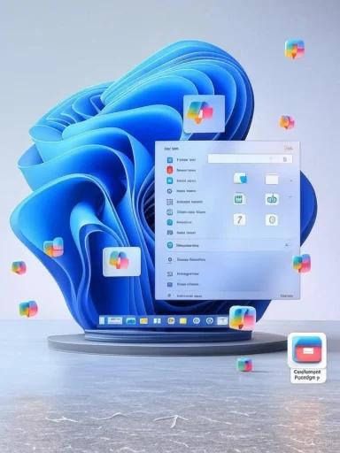 A surreal 3D desktop sits on a blue swirl pedestal with floating colorful app icons.