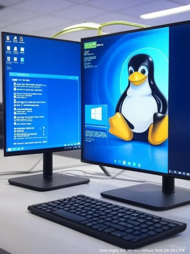 Two monitors on a desk; left shows Windows UI, right features a Tux penguin wallpaper.