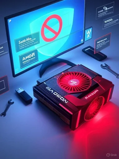 A red-lit graphics card sits next to a monitor displaying a shield with a red no-entry symbol.