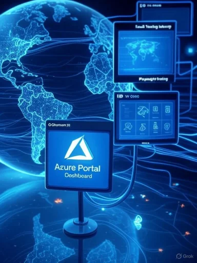 Blue holographic world map with Azure Portal screens and network lines.