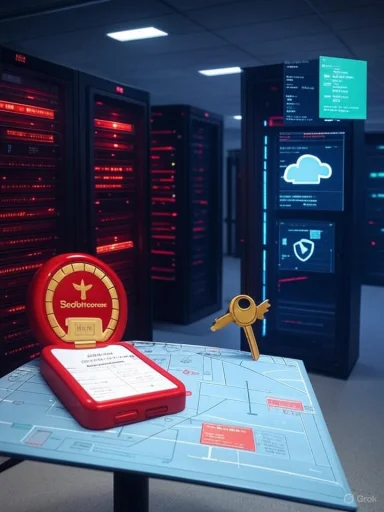 Inside a data center, glowing server racks surround a red gadget and a floating key on a blueprint table.