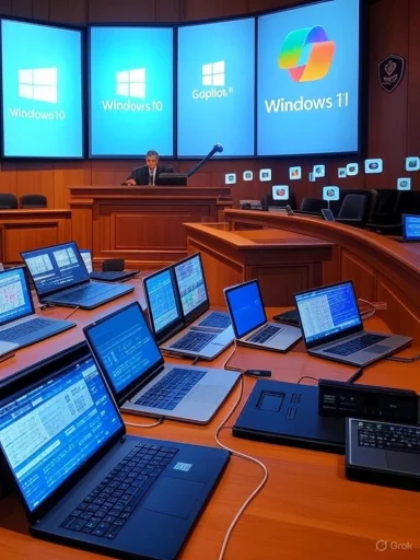 A conference room filled with laptops, a speaker at a podium, and large screens displaying Windows logos.