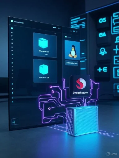 A neon-lit cyberpunk desk with a glowing cube connected to a digital screen displaying app icons.