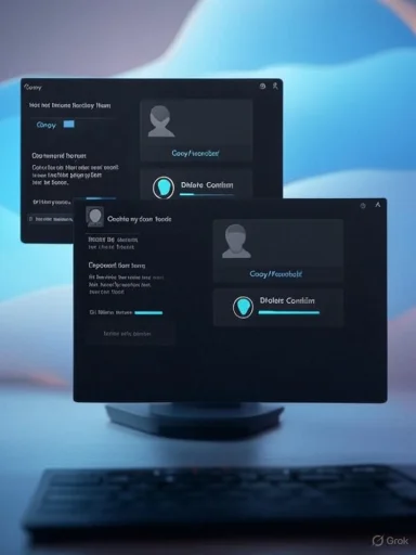 Two dark, floating software panels hover over a desk with a blurred keyboard and monitor.