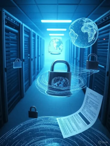 Blue-toned data center with floating holographic locks and a globe, symbolizing global cybersecurity.