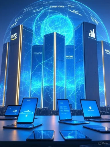 A futuristic blue cityscape with glowing glass towers and a table of tablets in the foreground.
