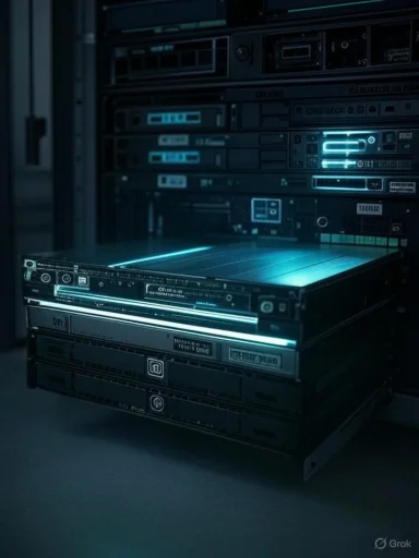 Stack of vintage rack-mounted servers glowing with blue lights in a data center.