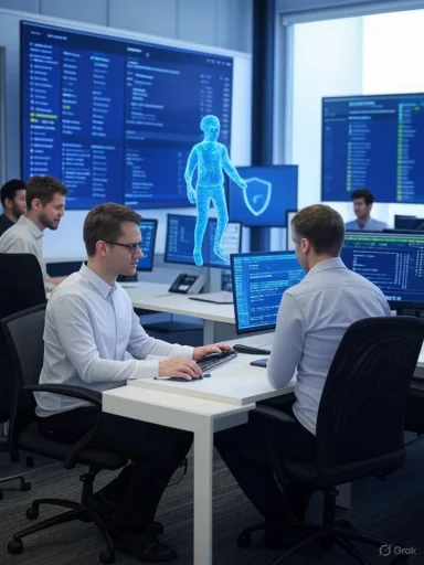 IT security team at work as a blue holographic figure appears between desks.