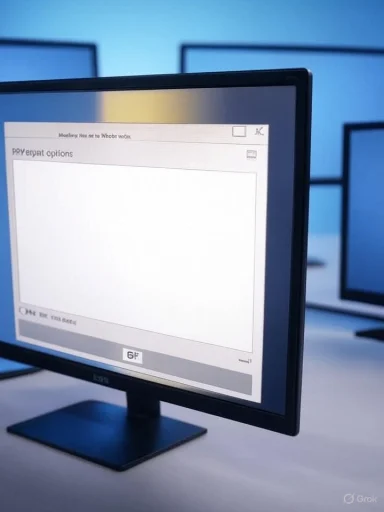 A computer monitor on a desk shows a Windows-style dialog window with a large blank area.