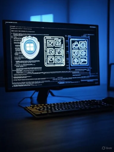 A computer monitor displays security diagrams and code in a blue-lit room.