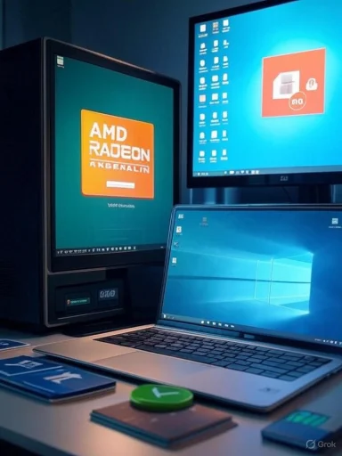 Tech workspace featuring an AMD Radeon branding screen, a Windows laptop, and a green round button on the desk. Tech workspace featuring an AMD Radeon branding screen, a Windows laptop, and a green round button on the desk.