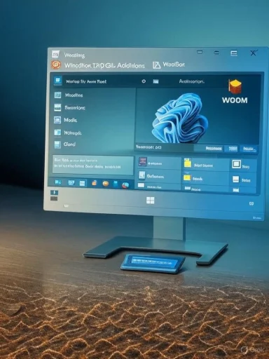 A curved monitor on a stand displays a Windows-style interface, with a tablet resting on the desk in front.