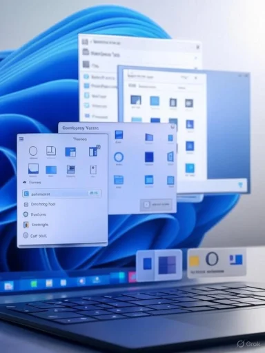A laptop displays several floating Windows-style windows on a blue abstract wallpaper.